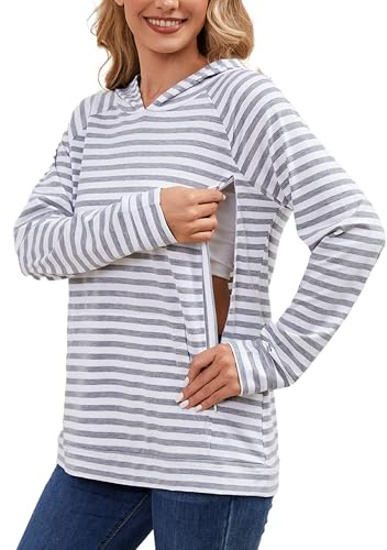 Love2Mi Women's Nursing Hoodie with Invisible Zip Maternity Jumper Long Sleeve Nursing Shirt for Pregnancy & Breastfeeding, Grey White Stripe, M