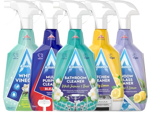 Astonish 5 Piece Household Cleaning Products GiftSet Bundle – Kitchen Cleaner, Bathroom Spray, Glass & Window Cleaner, Multi-Purpose with Bleach, White Vinegar – 750ml Each