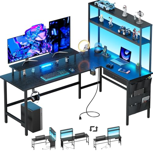 DLONGONE 170 × 100 cm Gaming Desk with LED Lights & Power Outlet, Corner Desk with Storage, Reversible L Shaped Desks with Shelves, Computer Desks with Monitor Stand and Hooks for Home Office, Black