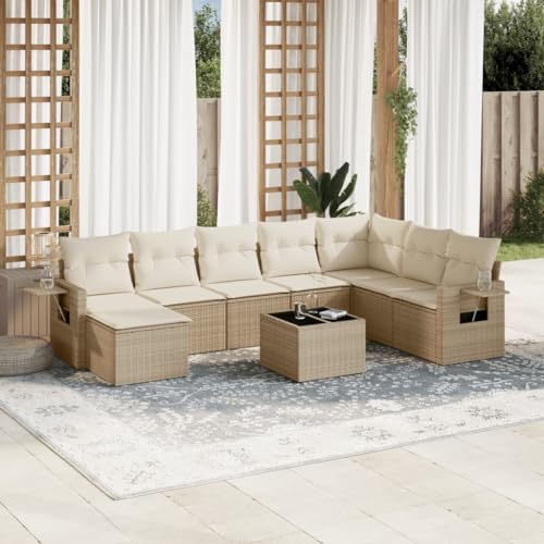 Owoxanthellate Set di 9 divani da giardino, beige, 62 x 62 x 69 cm, in rattan sintetico, resistente alle intemperie, modulare, pieghevole, in vetro, design moderno, per giardino, terrazza, balcone