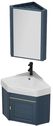 Lavabo sospeso angolare combinato con rubinetto e scarico, armadio a parete per piccoli spazi bagno