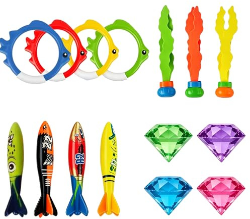 Mornly Juego de 15 piezas para bucear bajo el agua, torpedo, aros de buceo, tesoros piratas, algas, juego de buceo para niños, juego de verano bajo el agua y entrenamiento de buceo