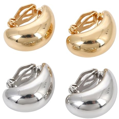 Gold Clip On Earrings and Silver Clip On Earrings, Elegant Triangle Design for Daily Wear and Special Occasions, Set of Four Non-Pierced Ear Clips in Gold and Silver Finishes