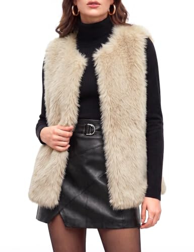 heekpek Gilet en Fausse Fourrure pour Femme Court Veste sans Manches | Hiver Poilu Chaud Gilet en Fausse Fourrure, Élégante Automne Manteaux sans Manches, Veste Ouverte avec Poches
