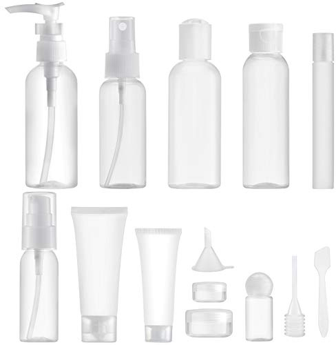 Toureal 14 Stück Leere Reiseflaschen Set (Max.100ml) Reisegrößen Behälter zum befüllen, Reiseset Flaschen für Kosmetik Flugzeug (Transparent)