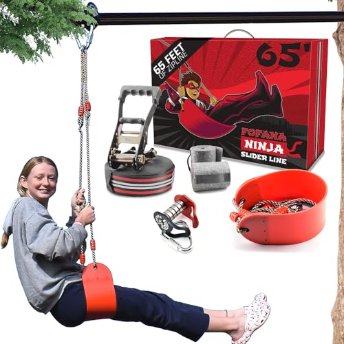 Ninja Slider Seilrutsche für Kinder und Erwachsene im Freien - 65 Ft Slackline Seilrutschen-Kit für den Hinterhof - Hindernisparcours - Seilrutsche für den Hinterhof - Ninja Warrior Zubehör