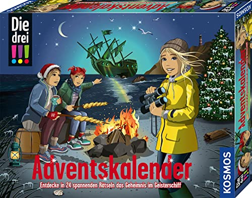 KOSMOS 632458 Die drei !!! Adventskalender, Entdecke das Geheimnis des Geisterschiffs, mit 24 Detektiv-Gimmicks, Spielzeug-Adventskalender für Kinder ab 8 Jahre, Die drei Ausrufezeichen