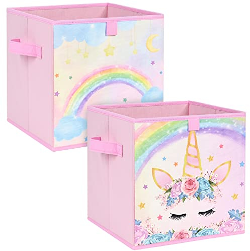 WERNNSAI Einhorn Aufbewahrungsbox – 2er Pack Faltbare Aufbewahrungswürfel aus Stoff für Mädchen und Kinder 28cm Rosa Dekorative Aufbewahrungskörbe mit Griffen Schrank Kinderzimmer Schlafzimmer