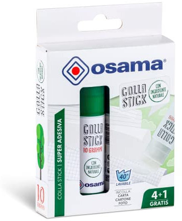 Osama - Pegamento Barra Extra Fuerte, 4 Piezas + 1 Gratis, 10 gr - Set Ideal para Material Escolar y Papeleria Oficina - Deslizante sobre Papel, Resistente y Apto para Niños con Ingredientes Naturales