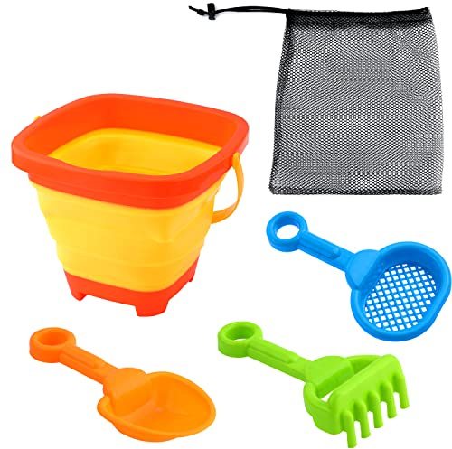 LUTER Ensemble de Seau de Plage, Pliable Seau et Pelle de Plage avec 3 Jouets de Sable de Plage et Sac de Rangement Accessoires de Plage pour Enfants Bebe Garçons et Filles Été Fête sur la Plage