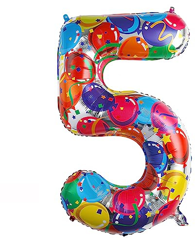 Ponmoo 40 inches Foil Balloons Numbers 5 Multicolour (101cm), Inflatable Helium or Air, Giant Balloon Number 0-9, 10-29, 30-100, Grand Balloons for Anniversary Wedding Birthday Party Decoration
