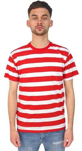 Mens Short Sleeve Cotton Crewneck Striped T-Shirt Casual Horizontal Striped Shirts(Red/White, L)