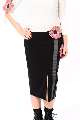 Mamatayoe Disegno. Falda Midi de Mujer de Color Negro con Detalles Bordados para Otoño Invierno. Falda Recta a Media Pierna de Punto Roma con Abertura Delantera y Cinturilla Elástica. Talla M