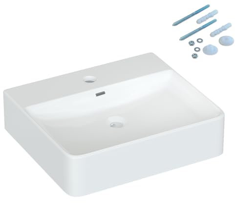 Waschbecken aus Keramik Weiß Eckig 50 x 42 cm Aufsatzwaschbecken für Waschtisch Unterschrank Waschplatz Hängewaschbecken Badezimmer Handwaschbecken Wandhängend Bad mit Hahnloch Überlauf Stockschrauben