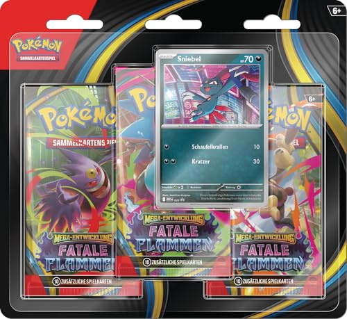 Pokémon-Sammelkartenspiel: 3er-Pack Mega-Entwicklung – Fatale Flammen: Sniebel (1 holografische Promokarte & 3 Boosterpacks)