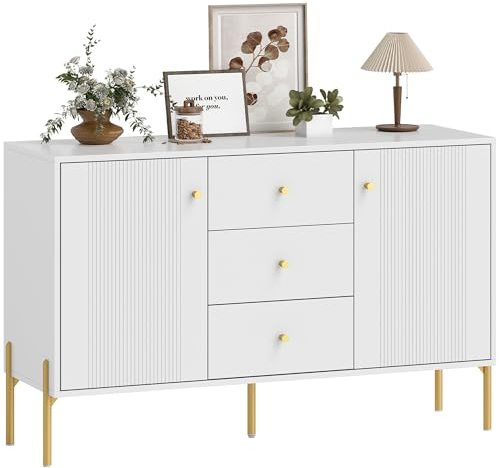 HOMCOM Aparador Moderno de 2 Puertas, Aparador de Salón con 3 Cajones, Estantes Ajustables, Encimera con Efecto Mármol, Patas de Acero, para Cocina, Entrada, Dormitorio, Blanco, 120x39,1x76 cm