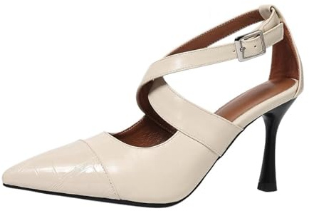 Generico Scarpe Donna Décolleté Slingback Punta Affusolata Cinturini Incrociati Tacco A Spillo Motivo Coccodrillo Pelle Sintetica Fibbia Regolabile Suola Antiscivolo,Beige,36 EU