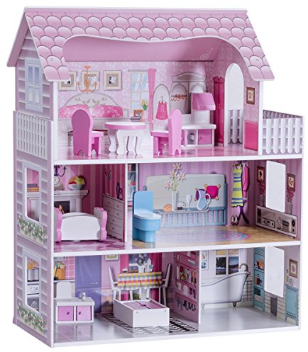 DREAMADE Puppenhaus Holz, Holzpuppenhaus mit Zubehör und Möbel, Dollhouse Puppenhaus Puppen für Kinder (Modell 1)