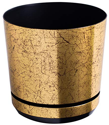 KORAD - Pot de fleurs avec soucoupe intégrée, décor 012, doré vieilli, diamètre 18 cm, pot pour plantes, en plastique, de haute qualité, décoratif avec trous de drainage
