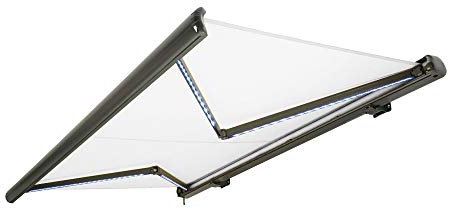 NEMAXX Kassettenmarkise elektrisch Vollkassettenmarkise mit LED, Markise weiß, Kassette anthrazit, Funk Fernbedienung, wasserdicht, 400x300 cm (4x3m)