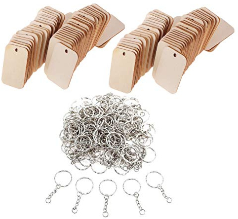 JZK 100 Rectángulos de Madera Sin Terminar Con Agujeros y Llaveros para Manualidades, Etiquetas para Pirograbado, Regalo de Boda, Fiesta, Adornos Navideños