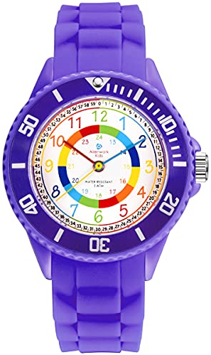 Alienwork Kids Lernuhr Kinderuhr Mädchen Uhrzeit Lernen Violett Silikon-Armband Mehrfarbig Kinder-Uhr Wasserdicht 5 ATM Zeit Lernen
