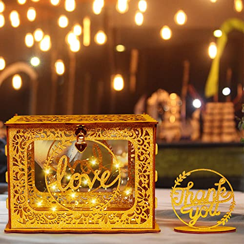 OurWarm Gold Wedding Card Box with Lock and String Light, Wood Gift Card Box for Wedding Reception, DIY Wedding Envelope Money Card Box for Party Graduation Birthday Baby Shower Decorations