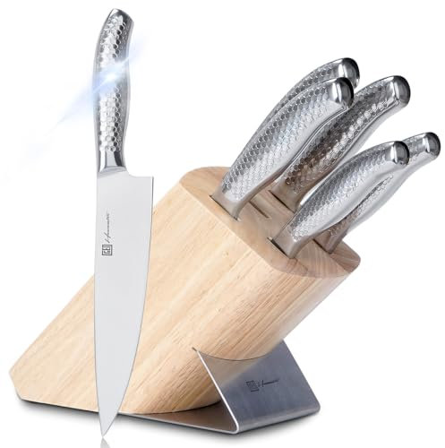 Ceppo coltelli da 6 pezzi con set coltelli, coltello da chef in argento con manico in acciaio inox con speciale motivo a nido d'ape, coltello da cucina da 6 pezzi con ceppo coltelli in legno