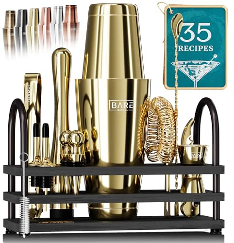 BARE BARREL® Cocktail Making Kit | 14-Piece Bartender Kit Cocktail Shaker Set Maker | Display Stand & 35 Recipe Cards | Mixology Cocktail Gift Set (800ml/28oz Boston Shaker, Gold/Black)