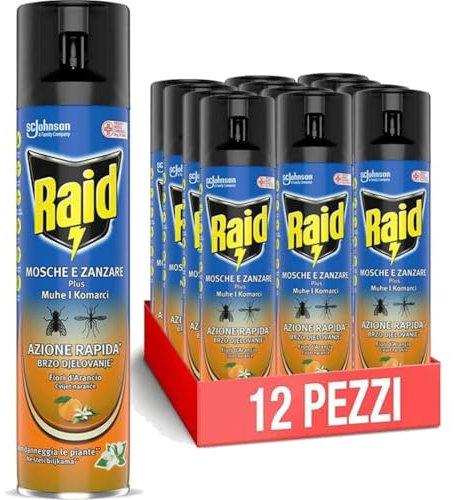 Raid Mosche e Zanzare Plus Spray, Insetticida per Mosche e Zanzare, 1 Confezione da 12 unità 400 ml, Azione Rapida, Fragranza Fiori d'Arancio