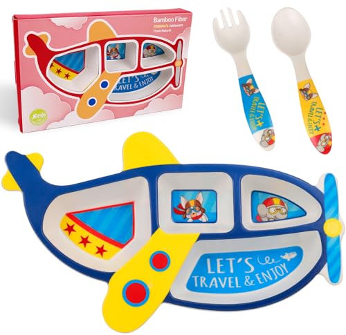 PHEENOWL Airplane kids Plate - Fun Dish Plates and Utensils, Plane Shape Tableware, BPA-Free, Picky Eaters Kids Dinnerware Set, Gifts for Little Boy (3-Piece Set)