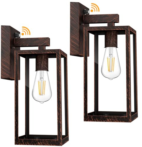 SHINE HAI Dusk to Dawn Outdoor Wall Lantern, Exterior Sconce Sensor Light Fixture with E26 Base Socket, Waterproof Wall Mount Lamp with Glass Shade for Garage, Doorway, 2-Pack (Oil-Rubbed Bronze)
