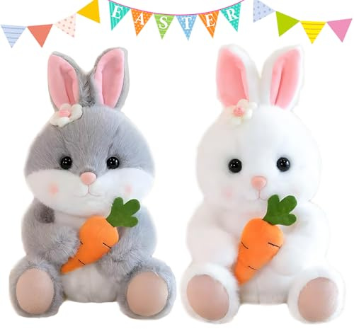 dellyy Lapin de Pâques Peluche, 2 Pcs Peluche Lapin Carotte, Rabbit Muppet Toys, Jouets en Peluche Lapin, Lapin en Peluche Câlinant des Carottes pour Cadeaux, Fêtes, Décorations de Table (Style 2)