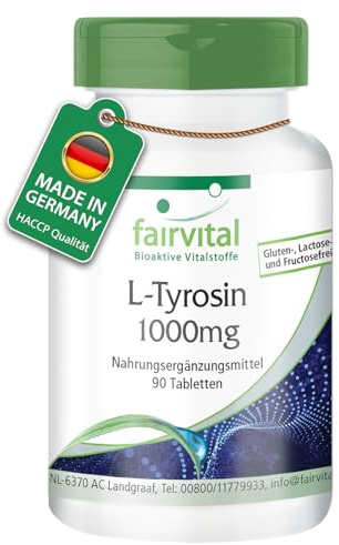 fairvital L-tyrosin 1000mg, 90 tabletter, 1000mg per tablett, kvalitetskontrollerad och högdoserad, 100% vegansk, tillverkad i Tyskland