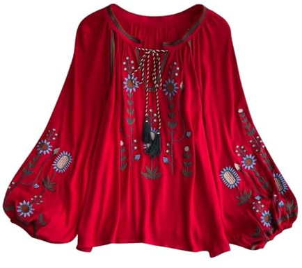 APLVFFZH Blusa Bordada para Mujer Tops Bordados Mexicanos con Bordado Floral para Mujer, Rojo