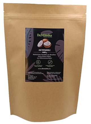 Polvo de carbón activado premium 400 g - 100% vegetal de cáscaras de coco brasileñas