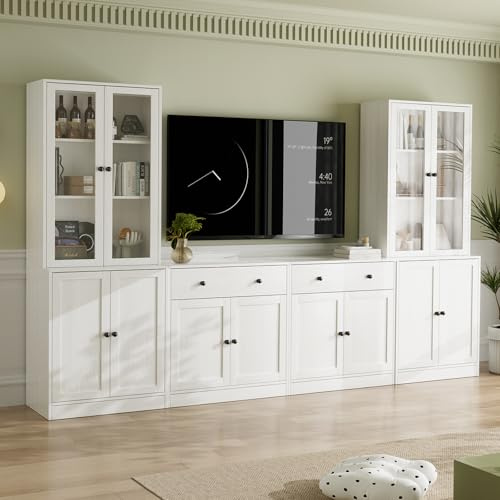 VOWNER Grande Mueble de TV para Televisores de hasta 70 Pulgadas, 280 x 180,3 x 40 cm, Mesa de TV, Módulo TV, Mueble de Salón Moderno con Cajones y Puertas de Cristal, 2A+2D (Blanco)