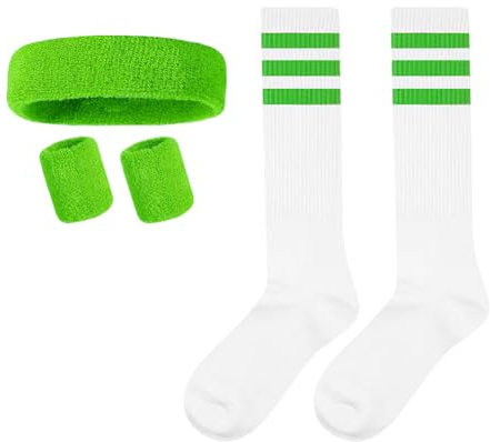 JIHUOO Neon Sweatbands Set Moisture Wicking Sweatband Including 2 Pcs Exercise Wrist Bands Workout Head Band Knee High Tube Socks Striped Football Socks 80s Costumes Accessories for Men Women Green