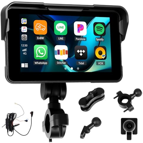 Wireless CarPlay Screen for Motorcycle,Portable Carplay/Android Auto for Motorcycle,5” IPS Waterproof Portable Radio GPS Display for Motorbike with Mirror Link,Bluetooth,Tire Pressure Monitoring