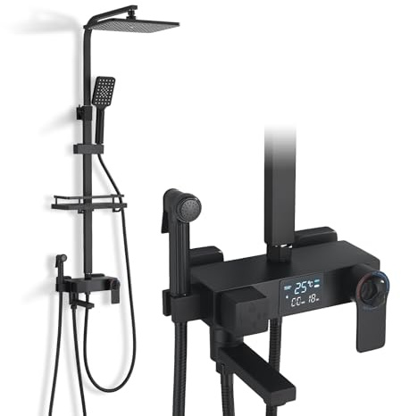 Hevenaov Columna Ducha Negra con Grifo Termostático Columna de Ducha Grifo Sistema Altura Regulable Termostatico con Ducha de Mano 3 Modos acero inoxidable