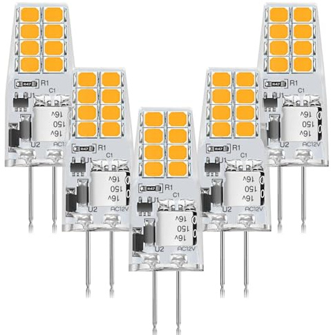 AGOTD G4 LED Warmweiß, 3W LED Leuchtmittel ersetzt 30W Halogen, G4 Birne 3000K, 210lm, 360°, Kein Flackern, nicht dimmbar, Stiftsockellampe 12V AC/DC, Unterbauleuchten, Dunstabzug, 5er Pack