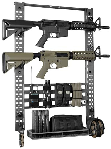 BOOSTEADY Support Mural pour Armes à Feu Modulaire, Porte Fusil de Chasse Mural Supporte Jusqu'à 120LBS avec 6 Crochets en J, 31,8 x 22 Support de Pistolet Tactique avec Panneau Molle