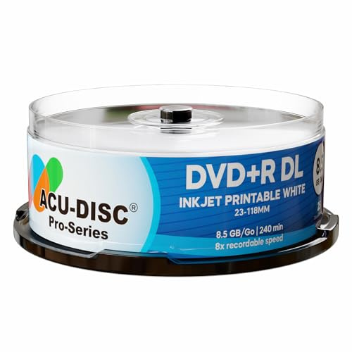 Acu-Disc DVD+R DL 8.5GB 240min 8x Dual Layer – White Inkjet Printable Blank Discs, Full-Face Hub Printable, Double Layer Recordable Media for Duplication & Video Production (25)