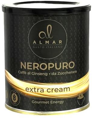 ALMAR - Neropuro Caffè Ginseng Solubile in Polvere Amaro da Zuccherare 210g, Extra Cremoso Stile Bar, Senza Glutine, Preparato Istantaneo in Acqua o Latte, Lattina Premium, 35 Tazze