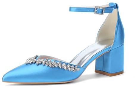WeFloHsL Mujer Satén Zapatos De Novia con Pedrería Tacón Ancho Medio Tira En El Tobillo Punta Cerrada Zapatos De Boda Vestir CG2102-13,Sky Blue,36 EU