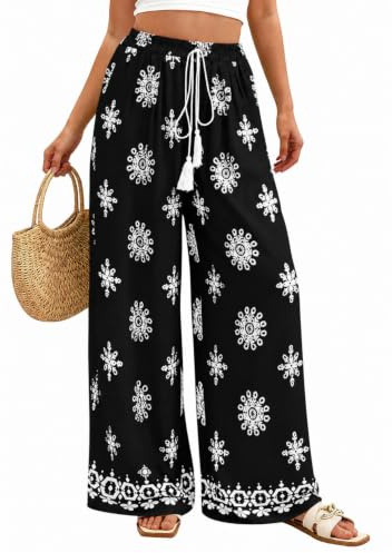 ROFUSSO Pantalones Palazzo de Pierna Ancha para Mujer Pantalones Bohemios Florales de Talle Alto para Verano Ropa Casual para Vacaciones en la Playa con Bolsillo
