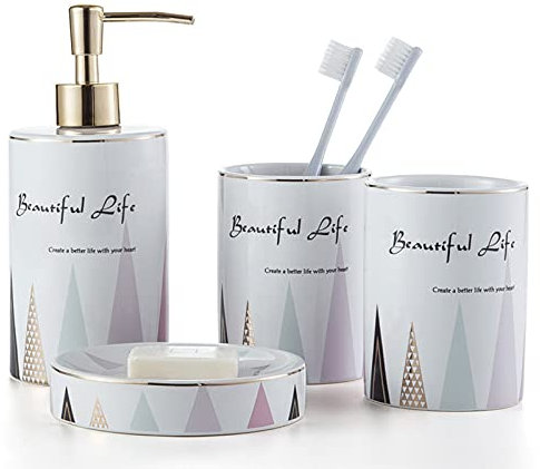 Tauzveok 4-Teiliges Nordic Einfachheit Keramik Badezimmer Set, Seifenschale, Seifenspender, 2 Zahnputzbecher Stilvolles Badzubehör,Weiß