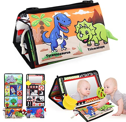 JoyPlus Baby Spielzeug 6 Monate, Faltbarer Baby Spiegel Spielzeug mit Knisterbuch Entwickelt, Baby Bauchlage Spielzeug Schwarz Weiß Kontrastmuster, Babyspielzeug mit Spiegel für 0+ Monate Neugeborene