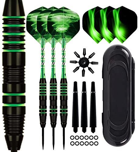 Aiqilai Lot de 3 fléchettes professionnelles à pointe en acier 22 g avec tiges en aluminium + 3 tiges de rechange supplémentaires, 2 ailettes et étui de fléchettes – Vert