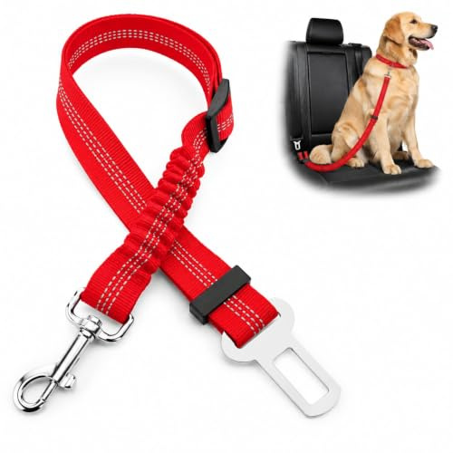 Seat Belt for Dogs In cars UK,Adjustable Elastic Bungee, Strong Durable Dog Car Harness - 360 Degree Swivel Attach Won't Twist, Reflective, Easy to Use (RED)